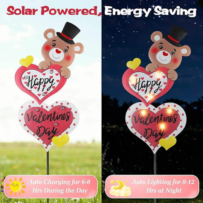 Lewondr 2 Pcs Valentine's Day Decorations Outdoor, Metal Solar Pathway Lights - Image 2