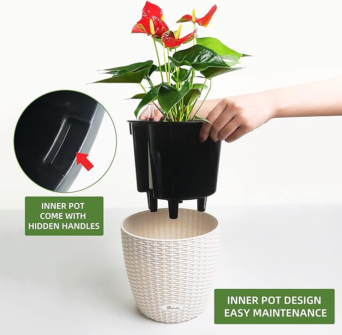 Dexceder 9x8 Inches Rattan Self Watering Planter Indoor Outdoor, Inner Pot - Image 4