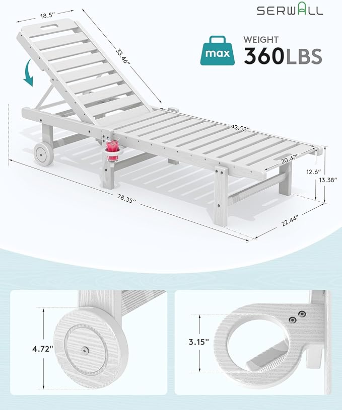 SERWALL Outdoor Chaise Lounge Set of 8, HDPE Pool Lounge Chairs - Image 2