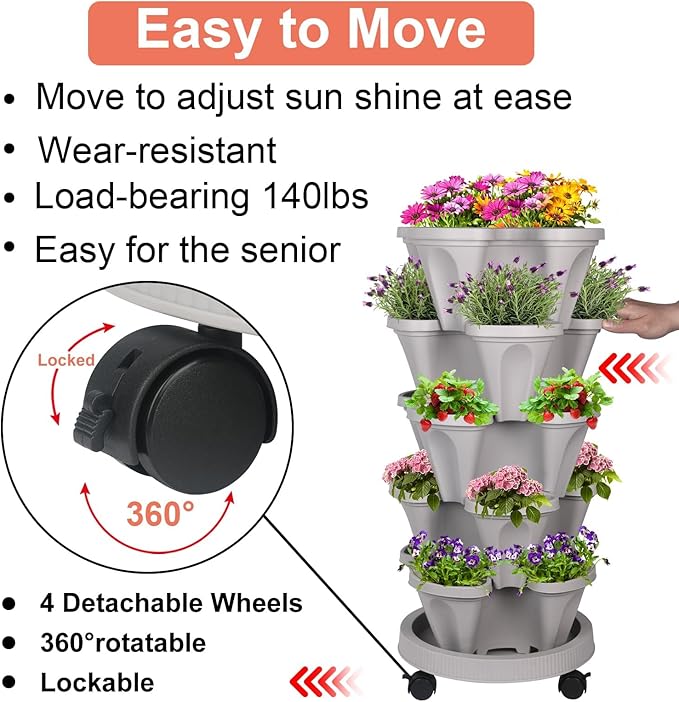 GameXcel Vertical Planter 5 Tier Stackable Planters Garden Planters Strawberry - Image 5