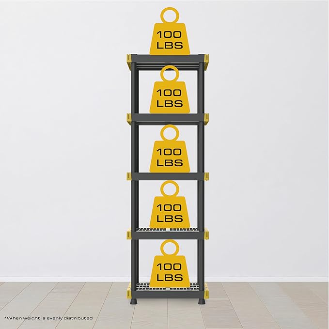 BLACK & YELLOW 5-Tier Heavy Duty Plastic Storage Shelving Unit, 5 Shelves - Image 2
