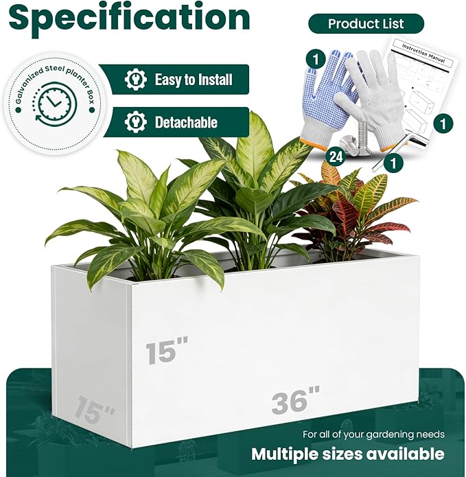 Metal Rectangular Planter Galvanized Steel Rectangle Planter White Planters Box - Image 3