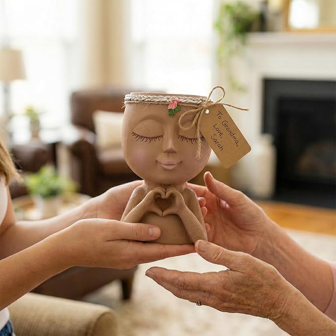 Face Planter Pot with Heart Hands, Resin Head Planter - Image 6