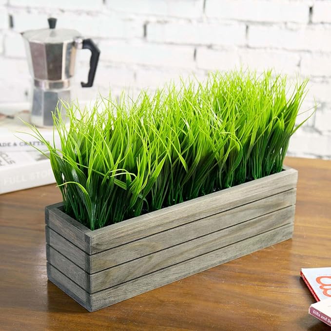 MyGift 14 Inch Artificial Green Grass Plant in Vintage Gray Wood Planter Window - Image 2