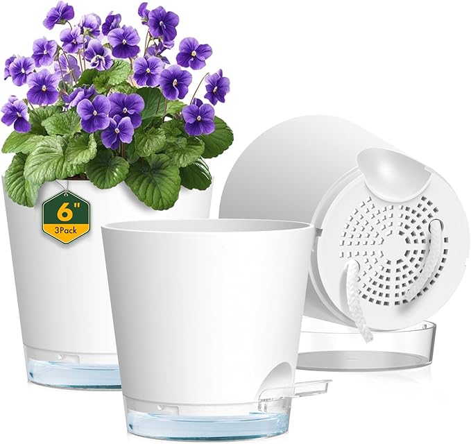 6 inch Self Watering Pots for Indoor Outdoor Plants, 3 Pack Flower Plant Pots by Meowell
