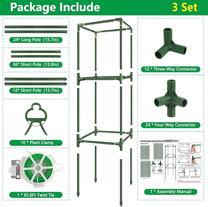 3 Pack Square Tomato Cages, Plant Support Tower Stakes Cucumber Pepper Trellis - Image 6