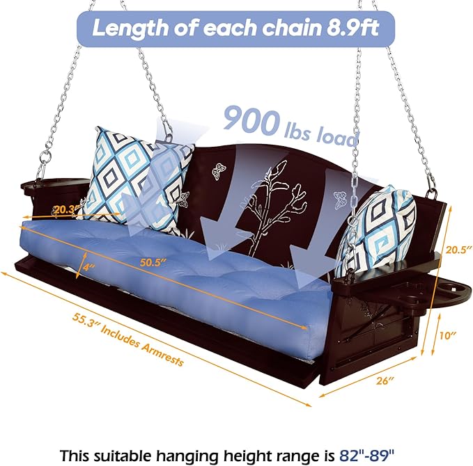3-Seat Metal Porch Swing 900 LBS Heavy Duty Hanging Bench - Image 7