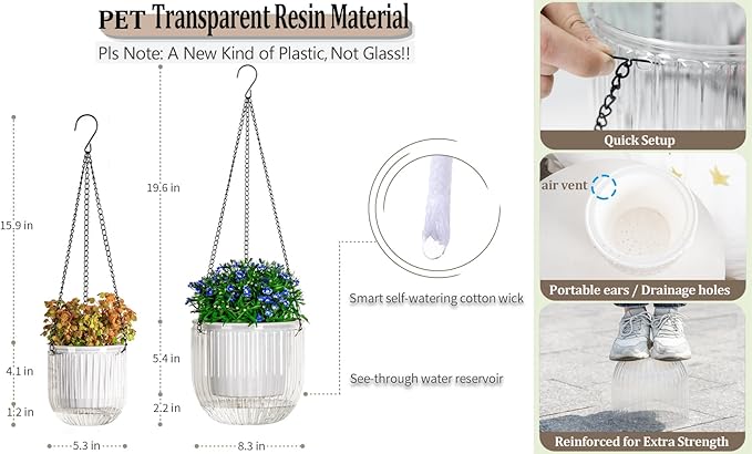 Melphoe 2 Pack Self Watering Hanging Planters Indoor Flower Pots, 5.3/8.3 Inch - Image 5