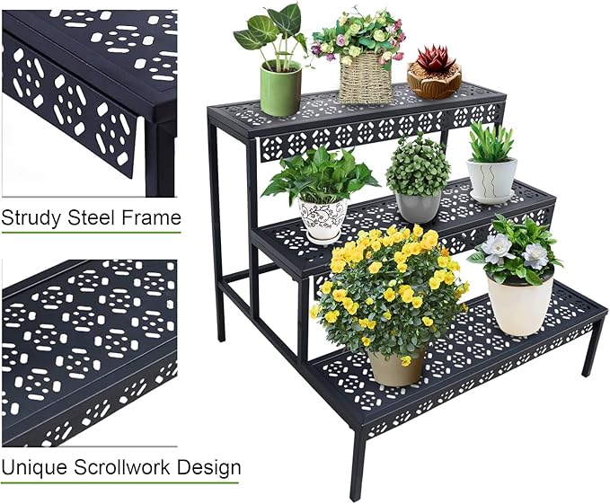 aboxoo 3 Tier Stair Style Large Metal Plant Stand, Garden Display Shelf Flower - Image 9