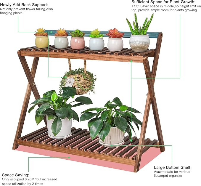 Indoor Plant Stand for Multiple Plants 2 Tier Wood Corner Plant Shelf Rack - Image 3