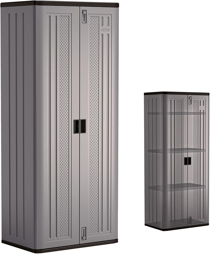Suncast Tall Storage Cabinet, Platinum Resin Garage Storage Cabinet by Suncast