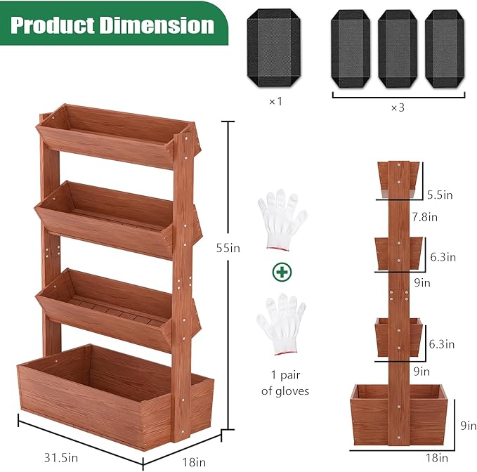 SUNYRISY 4 Tiers Vertical Wooden Raised Garden Bed Outdoor, Freestanding Garden - Image 6