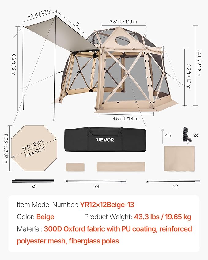 VEVOR Pop up Gazebo Screen Tent, 12 x 12 ft, 13-Sided Spherical Camping Canopy - Image 7
