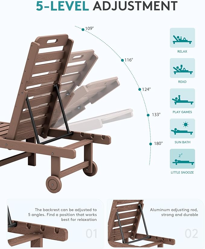 SERWALL Outdoor Chaise Lounge Set of 8, HDPE Pool Lounge Chairs - Image 3