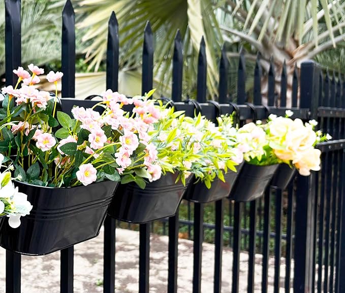 4 Pack Metal Hanging Planter for Outdoor Plants, 10 Inch Black Fence Planters - Image 2