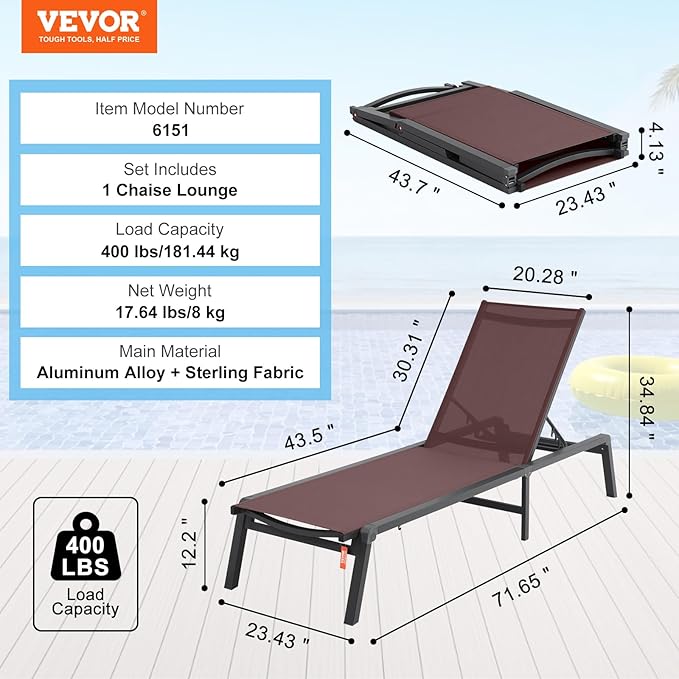 VEVOR Chaise Lounge Chair Outdoor, Aluminum Patio Lounge Chairs - Image 3
