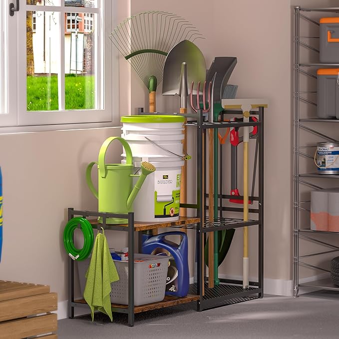 Garage Tool Organizer with 2-tier Wooden Shelves, Yard Tool Organizer - Image 5