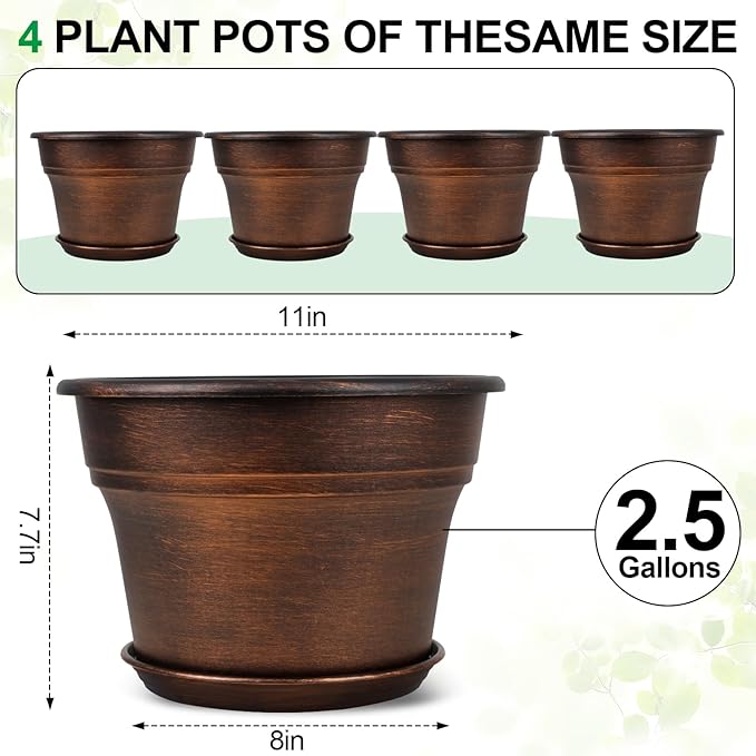 Plant Planters Pots Set of 4 Pack 11 Inch, Plastic Flower Pot - Image 3