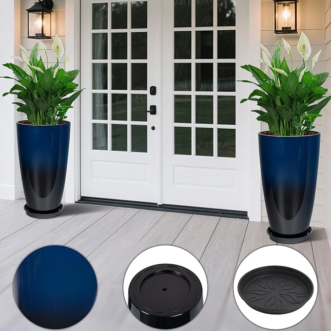 Set of 2 Lightweight Ceramic-Look Tall Planter, 21 inch Large Plastic Planter - Image 4
