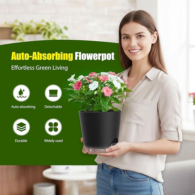 Plant Pots 8 Inch Self Watering Pots, 2 Pack Plastic Planters - Image 2