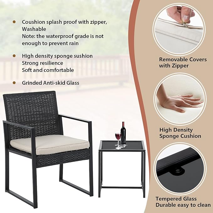 FDW | 3-Piece Patio Furniture Set | Khaki |Outdoor Wicker Furniture - Image 2