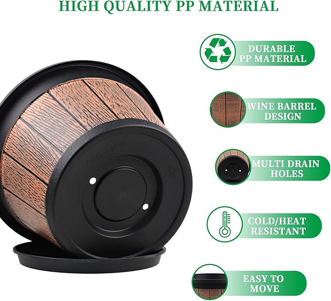 Quarut 4 Pack 12 inch Plant Pots, Whiskey Barrel Planters - Image 3