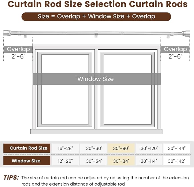 1” Diameter Silver Curtain Rods Itself is 30 to 90 inch, 1 Pack Fit 30-84 inch - Image 3