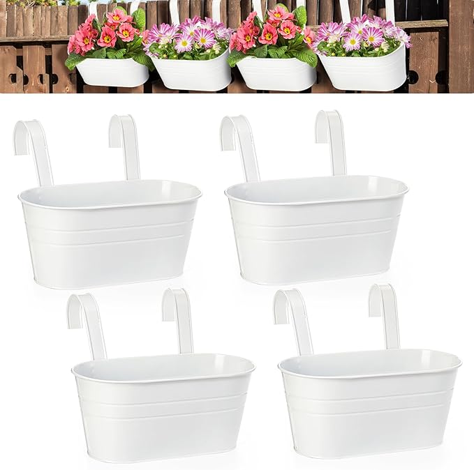 Foraineam 4 Pack Hanging Flower Pots, Metal Iron Plant Pot Holders, Large Fence - Image 8
