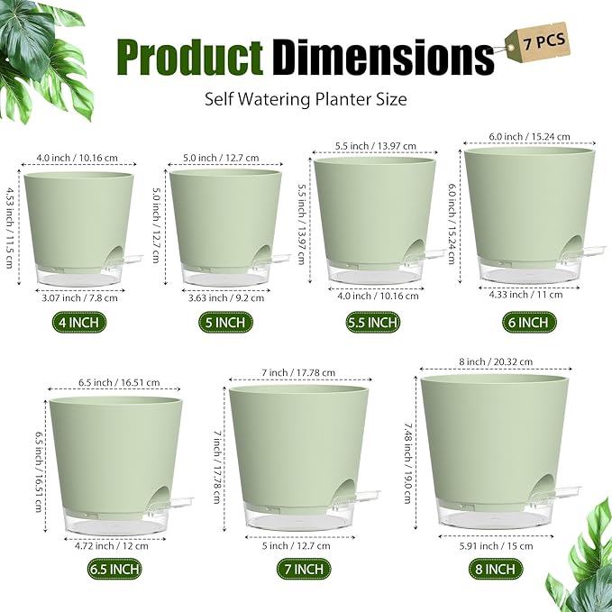 Plant Pots 4/5/5.5/6/6.5/7/8 Inch Self Watering Pots, 7 Pack Plastic Planters - Image 5