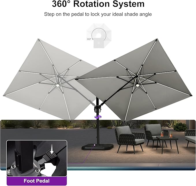 PURPLE LEAF 10 Feet Patio Umbrella Outdoor Cantilever Solar Powered LED Swivel - Image 9