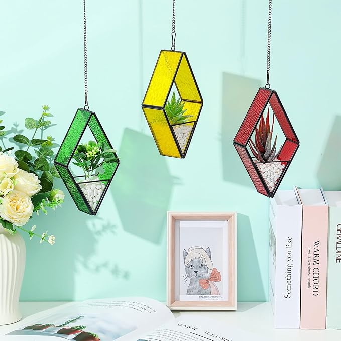 Yaomiao 3 Pcs Stained Glass Hanging Plant Terrariums Hanging Glass Planter - Image 4