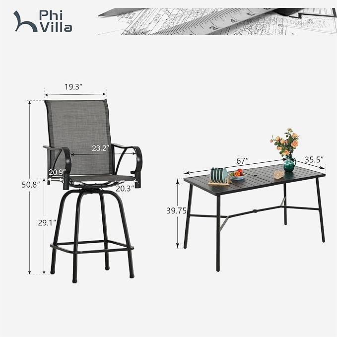 PHI VILLA 7 Piece Outoor Bar Dining Set, High Top Patio Bar Table and Chairs Set - Image 9