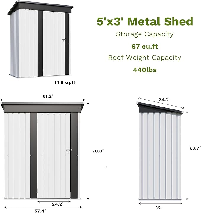 Patiowell 5x3 FT Outdoor Storage Shed, Garden Tool Shed - Image 3