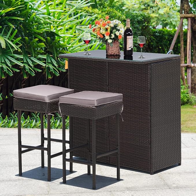 Tangkula Patio Bar Set, 3 Piece Outdoor Rattan Wicker Bar Set - Image 3