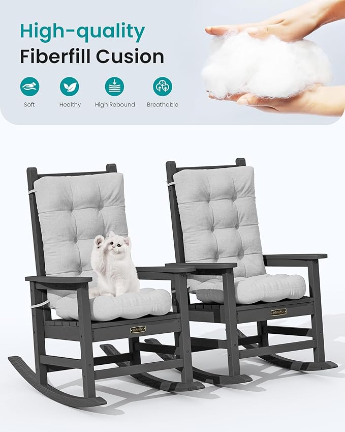 SERWALL HDPE Outdoor Rocking Chair Cushion Set of 2, Memory Foam Cushion Gray - Image 6