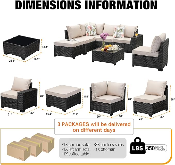 7 Pieces Patio Furniture Set All-Weather Outdoor Wicker Sectional Conversation - Image 5