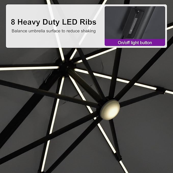 PURPLE LEAF 10 Feet Patio Umbrella Outdoor Cantilever Solar Powered LED Swivel - Image 5