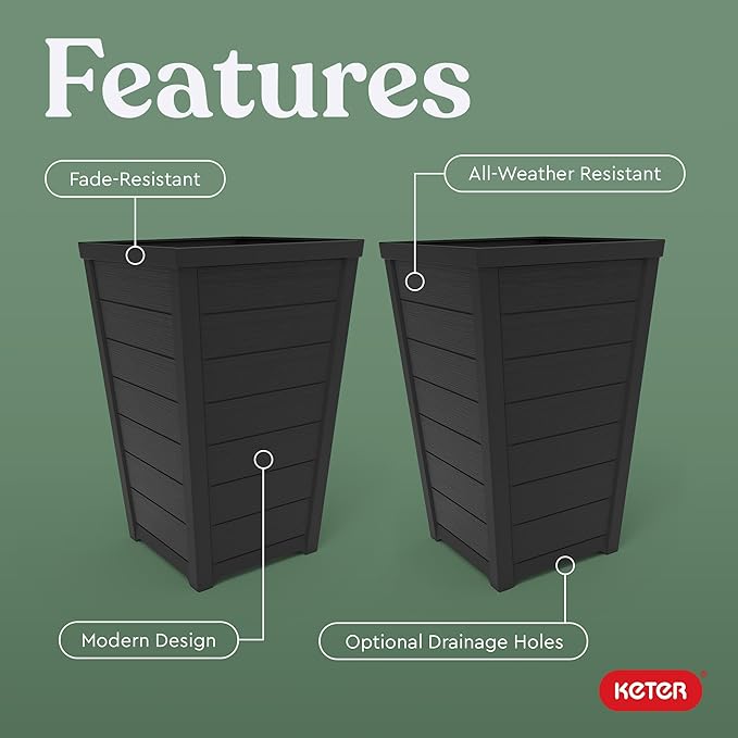 Keter Set of 2 Modern 22‑Inch Tall Outdoor Flower Pots – Large Resin Tapered - Image 4
