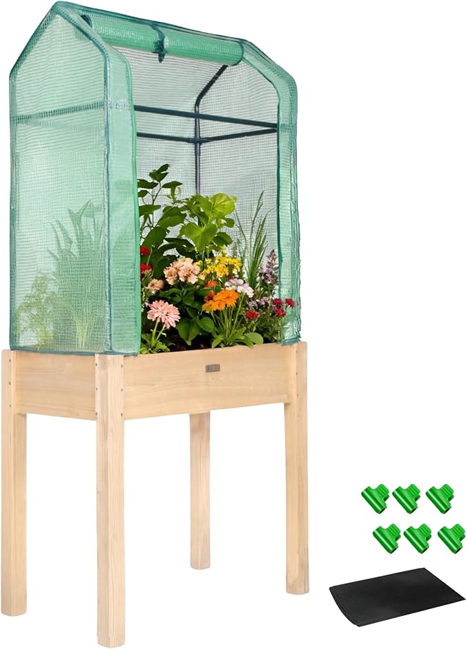 Raised Garden Bed with Greenhouse Cover, Elevated Wood Planter Box with Legs & by ZSYWODFO