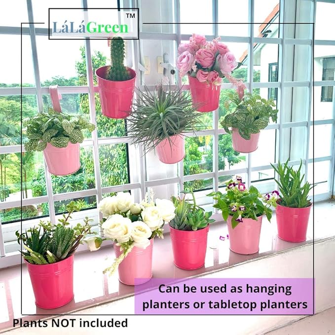 LaLaGreen Railing Planters Outdoor -10 Pack, 4 Inch Metal Hanging Flower Bucket - Image 5