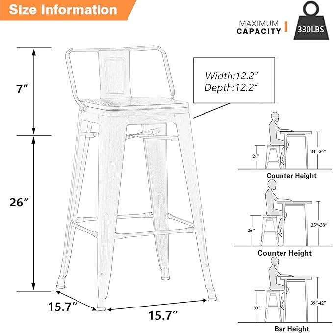 Yongchuang 26 inch Metal Bar Stools Set of 4 Counter Height Barstools Farmhouse - Image 3