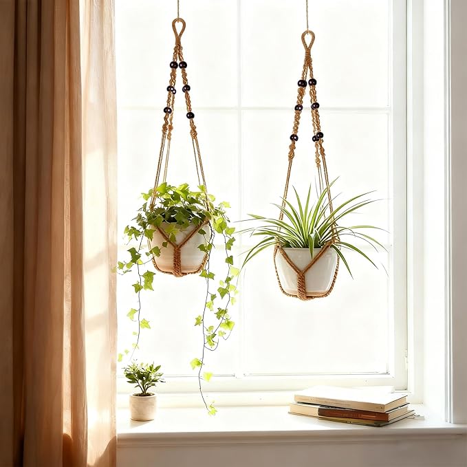 Macrame Plant Hanger, Wood Beads Cotton Hanging Planter Holder - Image 3