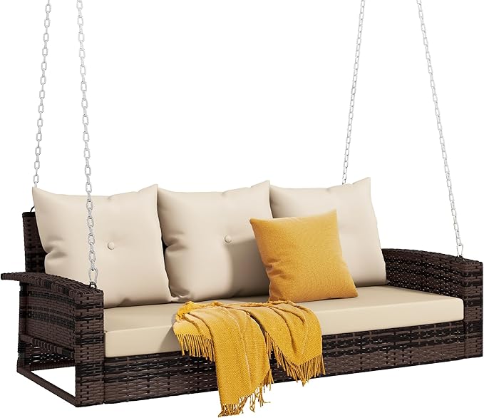 DWVO 3 Seats Porch Swing Hanging Bench Swing Outdoor Wicker Patio Swing Lounge - Image 7