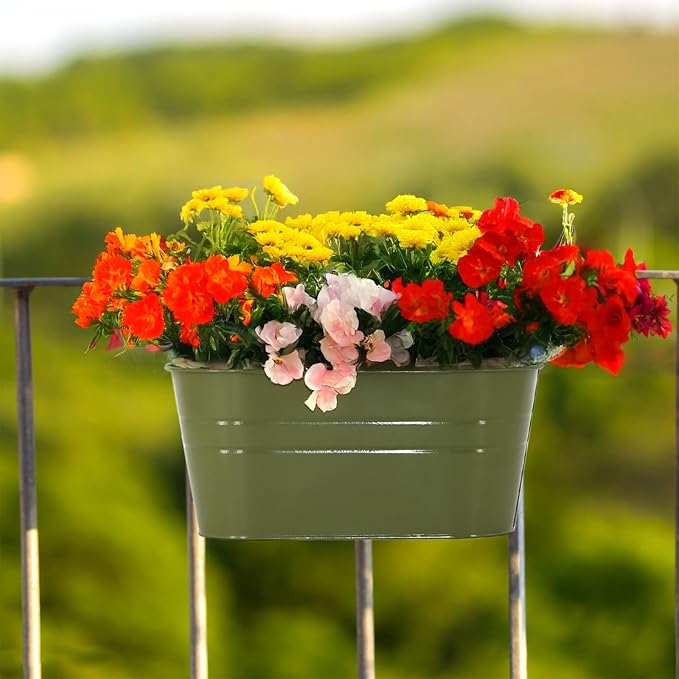 3 Pack Metal Railing Planters, 10.5" Oval Hanging Flower Pots - Image 7