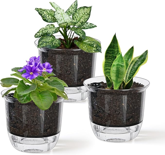 Self Watering Pots, 3 Pack 4 Inch Clear Plant Pot Self Watering Planter Flowers by IWNTWY