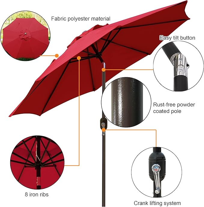 Blissun 9' Outdoor Patio Umbrella, Outdoor Table Umbrella, Yard Umbrella - Image 2