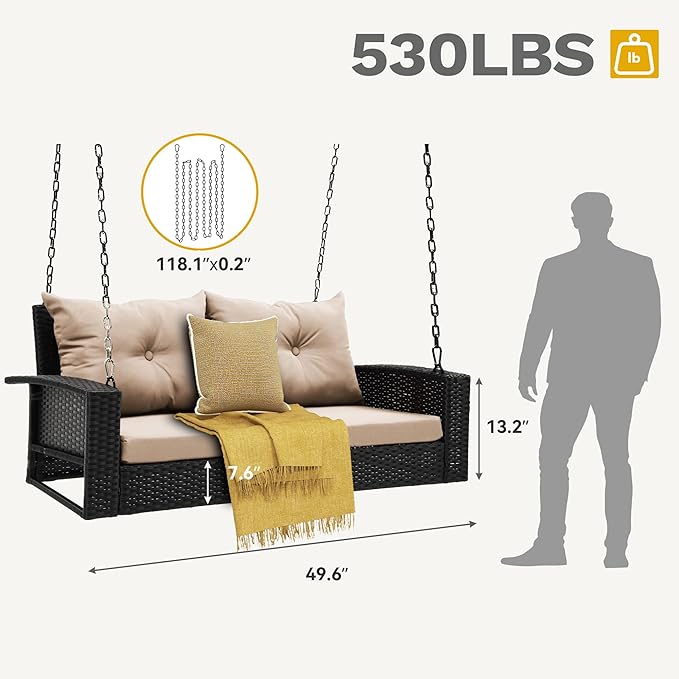 DWVO Hanging Porch Swing Chair Outdoor Wicker Rattan Patio Swing Lounge 2 Seats - Image 5