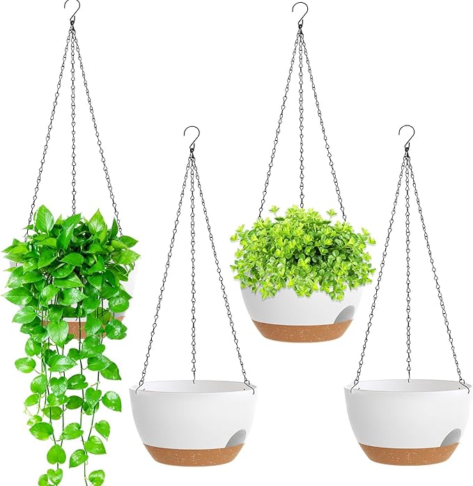 8 Inch Hanging Planters for Indoor Outdoor Plants, 4 Pack White Brown Plastic by SQKH