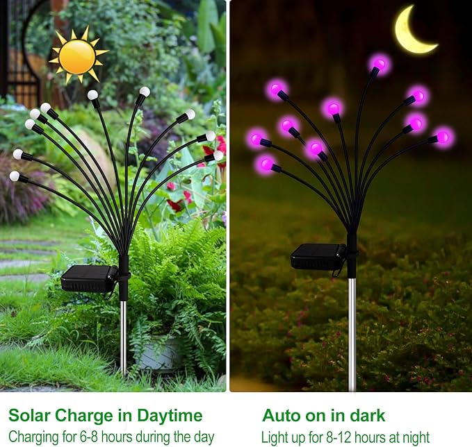 Kohlrabi Solar Garden Lights Outdoor, 2 Pack 20 LED Solar Pink Firefly Lights - Image 2