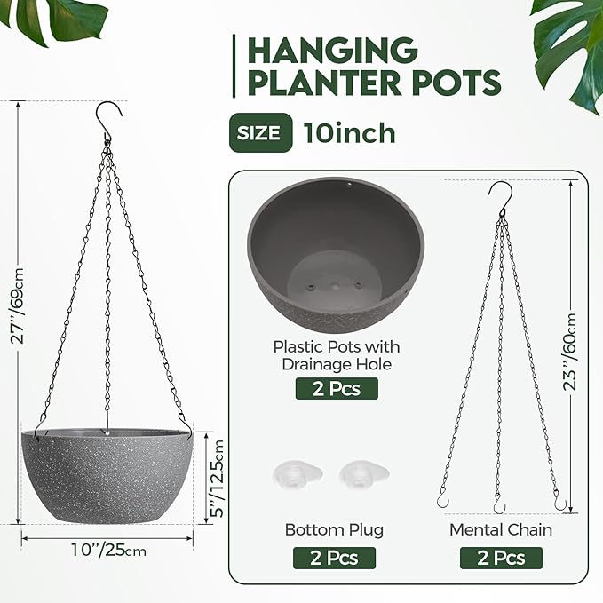 T4U Hanging Planters for Indoor Plants, 10 Inch Hanging Planter Outdoor 2 Pack - Image 2